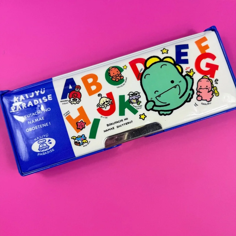 90s Vintage Dinosaur Double-Sided Blue Pencil Box